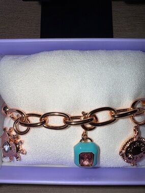 Rose Gold Charm Bracelet with Turquoise and Pink Accents